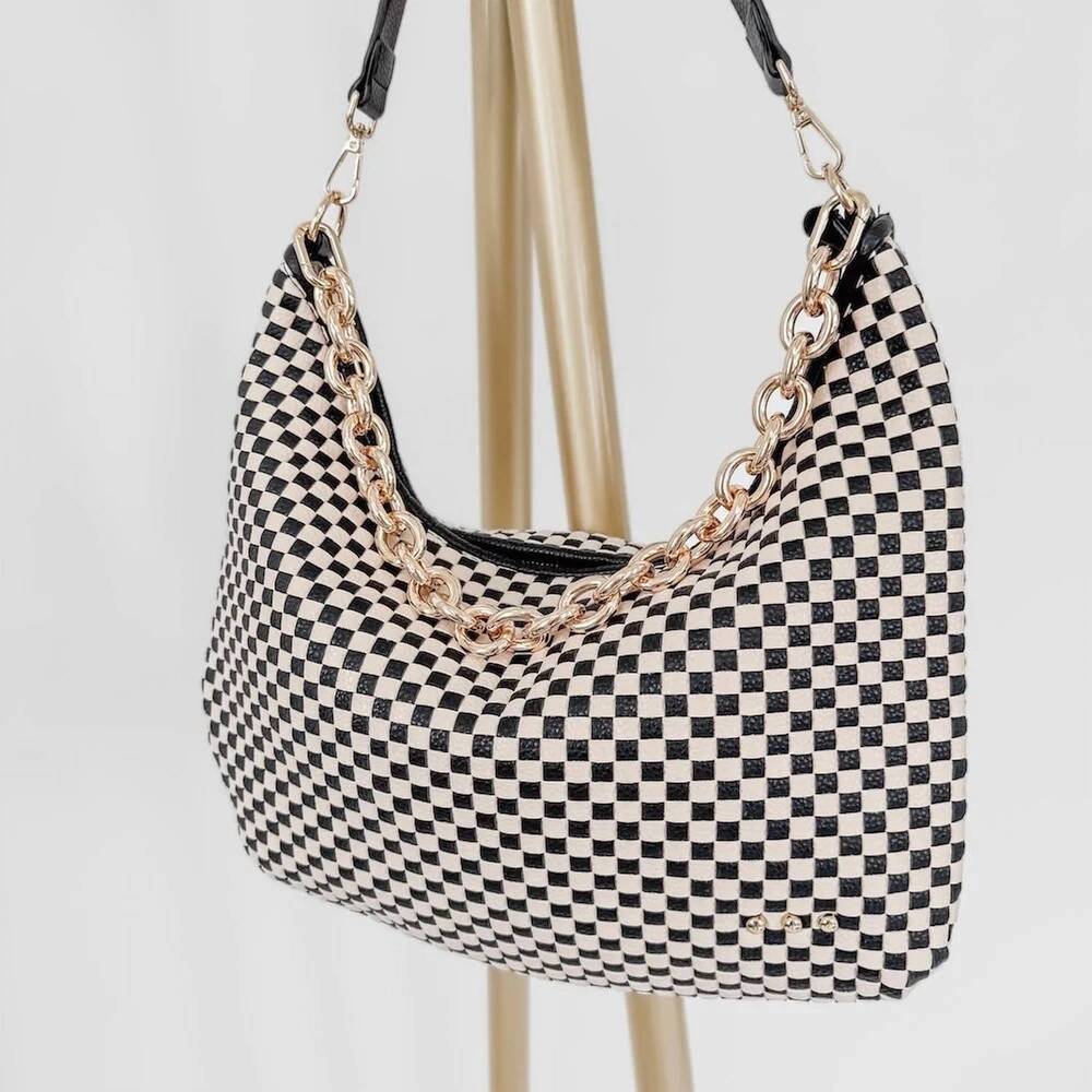 NEW FAIRE women's sienna slouchy woven shoulder bag in checkered navy